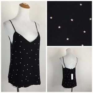 NWT L'AGENCE JANE Black Ivory Star Print 100% Silk Spaghetti Strap Camisole Top